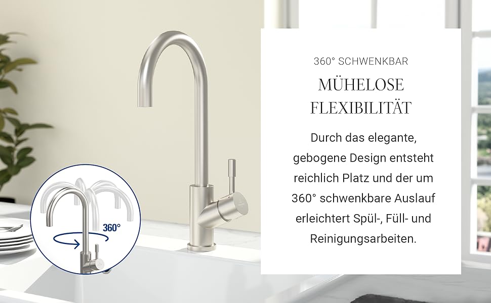 Змішувач кухонний Villeroy & Boch Umbrella Flex з висувним душем, поворотний на 360°, економний, висота виливу 220 мм (Золото)