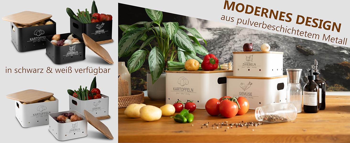 Коробки для зберігання картоплі MNKsolution (3 шт) з кришкою - для картоплі, овочів, цибулі, часнику - органайзер для кухні, контейнери для продуктів (білий)