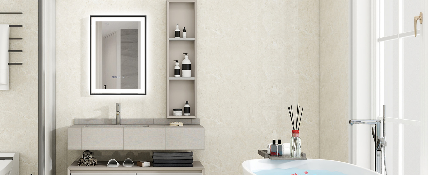 Дзеркало для ванної кімнати YOURLITE з підсвіткою, 85x55 см, LED, сенсорне керування, 3 кольори світла, регулювання яскравості, протизапобігання запотіванню, вертикальна/горизонтальна орієнтація, IP44, білий (чорний-5070)