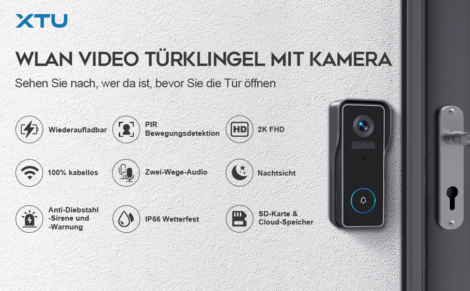 Відеодзвінок XTU з Wi-Fi, камера 2K HD, бездротовий, з гонгом, PIR-датчик, нічне бачення, 2-сторонній аудіо, підтримка SD/Cloud-пам'яті