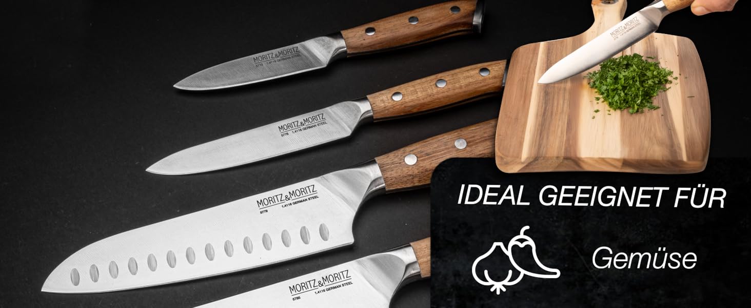 Професійний кухонний ніж Moritz & Moritz 20 см з дамаської сталі 67 шарів - ніж шеф-кухаря з ергономічною ручкою з акації