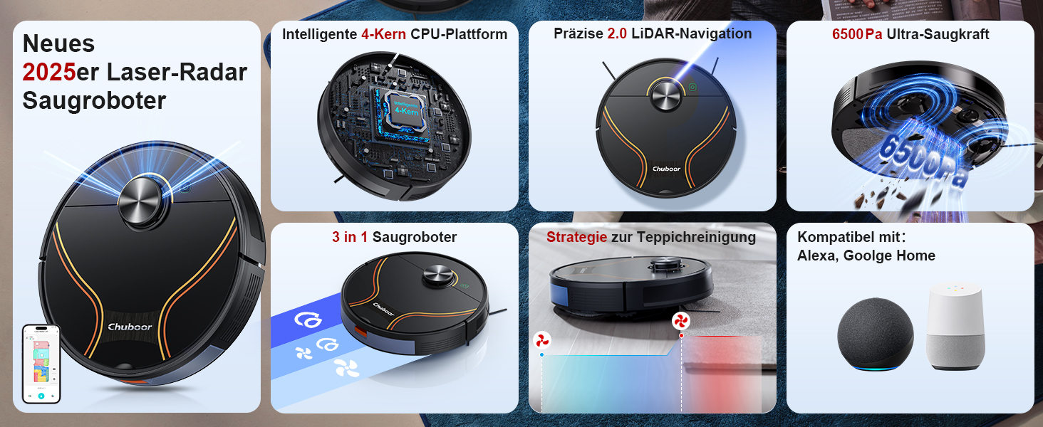Робот-пилосос Chuboor з функцією миття 3 в 1, 6500Pa, LiDAR навігація, керування через додаток/WiFi/Alexa, автозарядка, 150 хв роботи, для шерсті тварин, килимів та твердих підлог, чорний