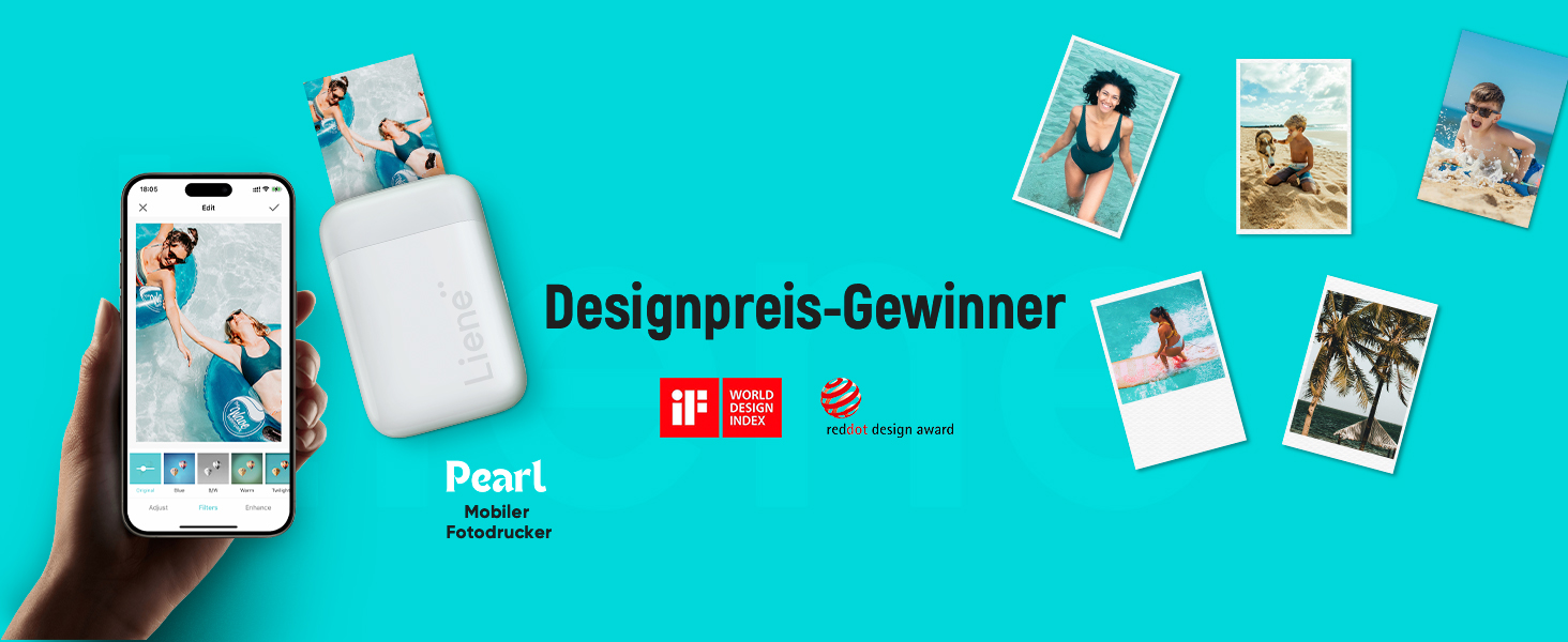 Liene Pearl K100 Міні-фотопринтер для смартфонів, білий. Підтримка Bluetooth 5.0, сумісний з iOS та Android, 5 листів фотопаперу.