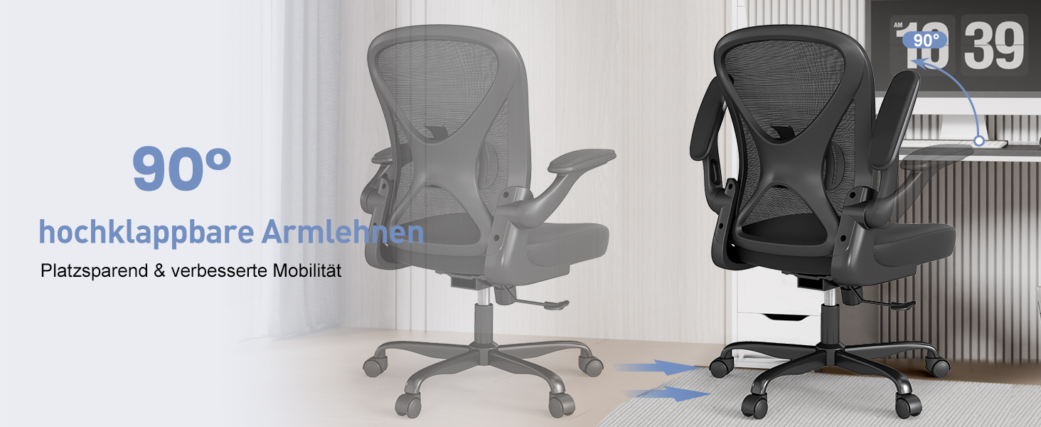 Ергономічне крісло для офісу ZZH з сітчастою спинкою, регульованою поперековою підтримкою та підйомними підлокітниками, дихаючий комп'ютерний стілець для дому з 360° обертанням та регулюванням висоти (Чорний)