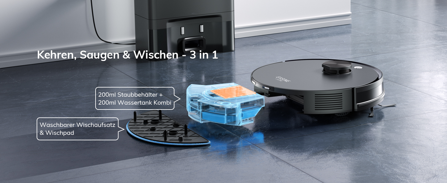 Робот-пилосос з функцією миття підлоги, автоматична станція самоочищення, лазерна навігація, зони заборони, 5000Pa, 5*2.5L мішки для пилу, 180 хвилин роботи, керування через додаток, для твердих підлог, килимів та шерсті тварин, S20