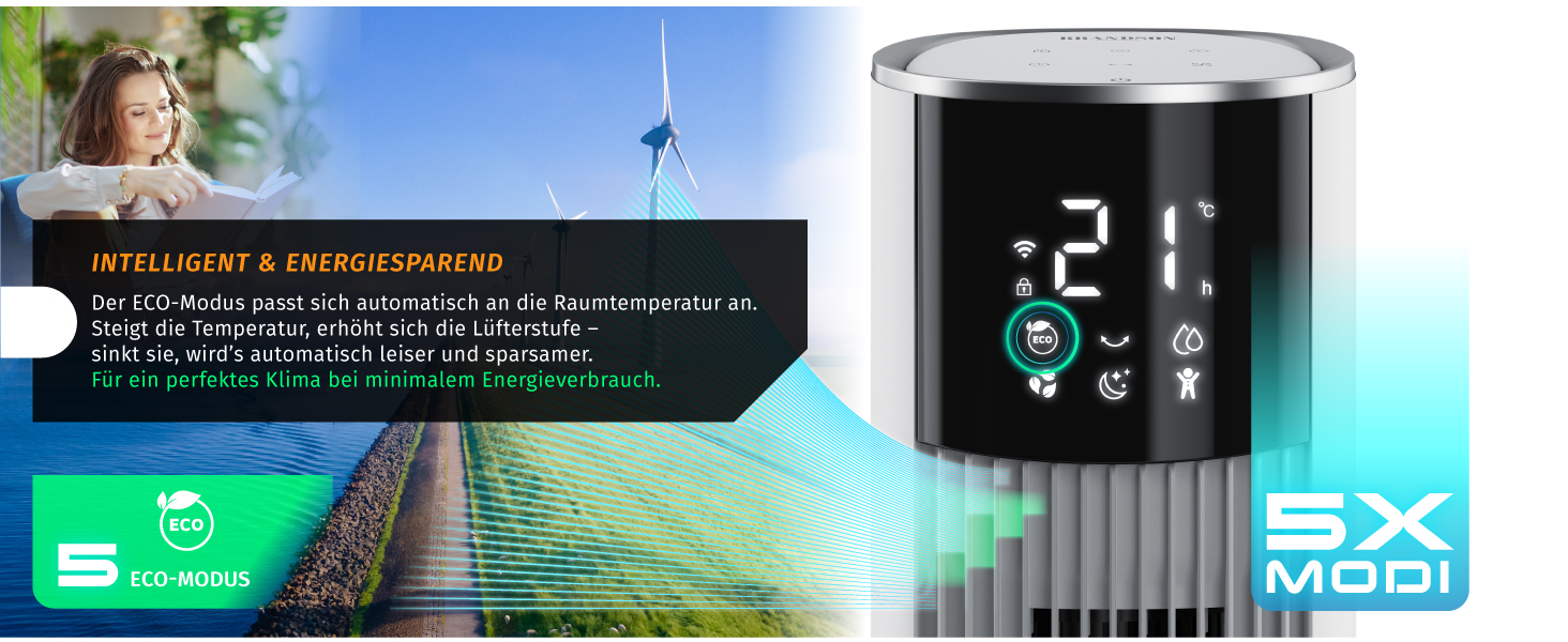 Вентилятор вежний з Wi-Fi та охолодженням води Brandson ECO GREEN – тихий, з керуванням Alexa, смарт-вентилятор для дому, мобільний кондиціонер