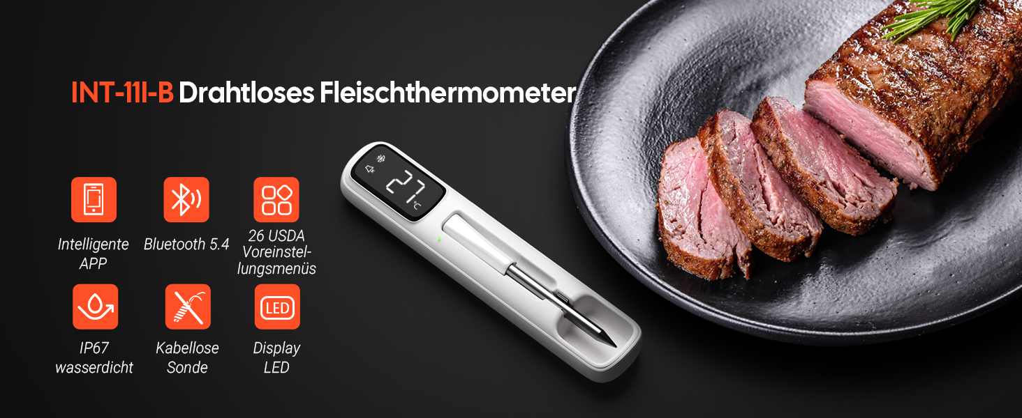 Термометр для м'яса Inkbird INT-11I-B: бездротовий, Bluetooth 5.4, водонепроникний (IP67), LCD-дисплей, для приготування на грилі, в духовці, мангалі, Airfryer