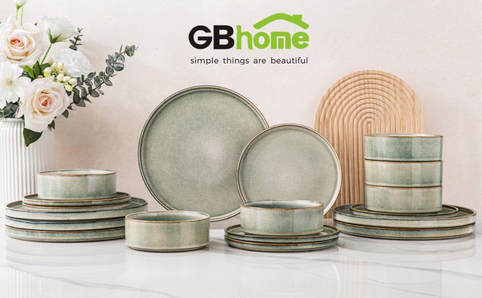 Набір посуду GBHOME 12 шт. з реактивної глазурі (12 шт.) - Тарілки та миски, чорно-оливковий, стійкий до сколів, для миття в посудомийній машині та використання в мікрохвильовці