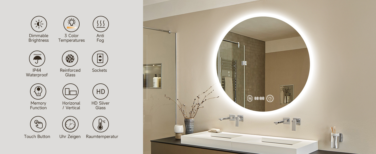 Дзеркало для ванної кімнати YOLEO з підсвічуванням 70см, LED дзеркало з Bluetooth, сенсорне управління, захисне скло, 3 кольори світла, регулювання яскравості, 70x70 см