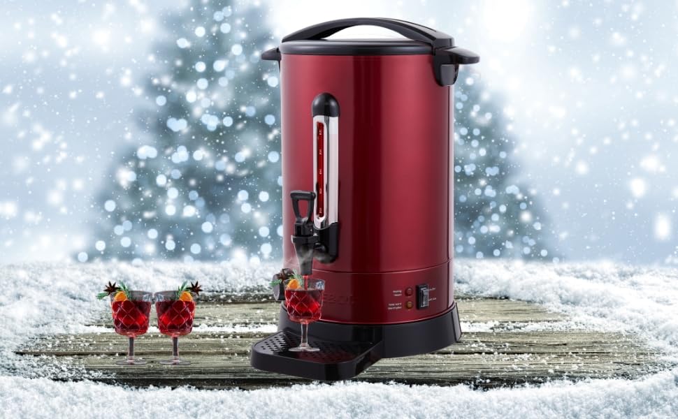 Електричний глінтвейнер Arebos 950 Вт | Дозатор гарячих напоїв | 8,8 л | з піддоном, краном, термостатом та захистом від перегріву | Регулювання температури 30-110°C | Червоний