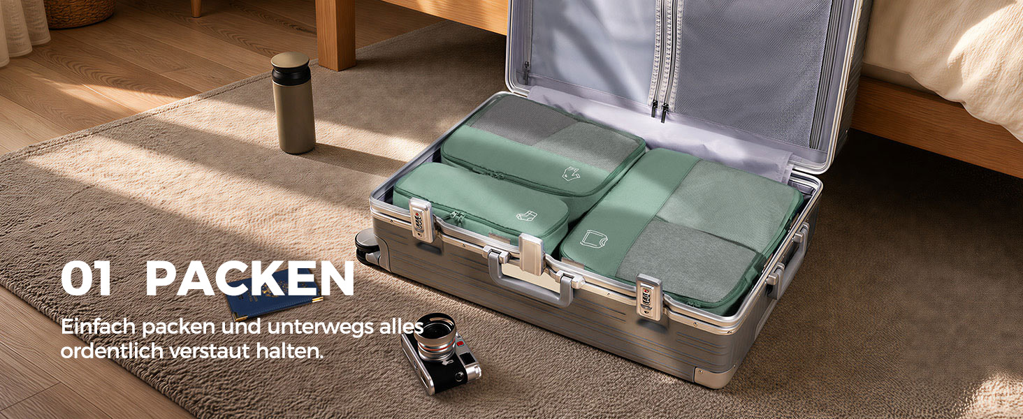 Набір органайзерів для валізи та рюкзака Packing Cubes, 8 предметів, сіро-зелений — дорожній набір для пакування речей
