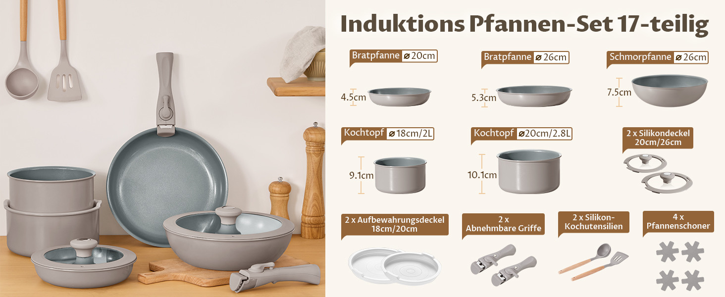 Набір каструль BEZIA 17 предметів з знімним ручками, антипригарний набір сковорідок з керамічним покриттям, набір каструль для індукційних плит, підходить для всіх типів плит, складаний набір каструль, індукційне кухонне приладдя, набір для кемпінгу, придатний для духовки, світло-бежевий колір