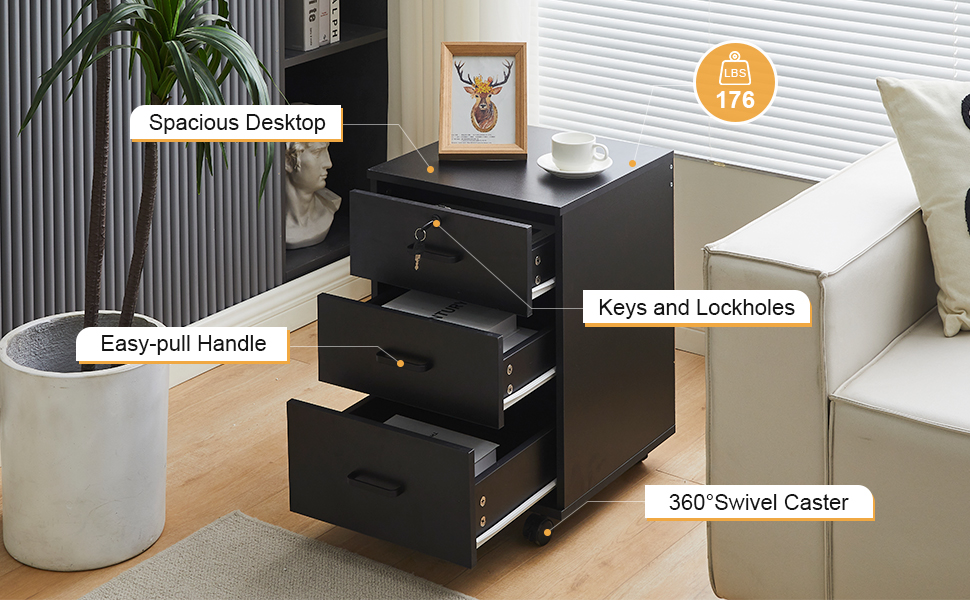 Тумба на колесах TUKAILAI з 3 висувними ящиками, з замком, для офісу, білого кольору