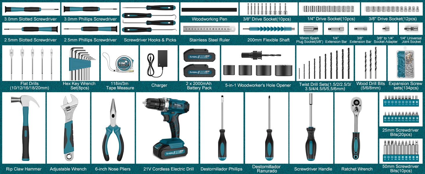 Набір інструментів Sundpey 255 предметів з акумуляторним дрилем-шуруповертом 21V, 2x2000mAh, синій - для дому та авто