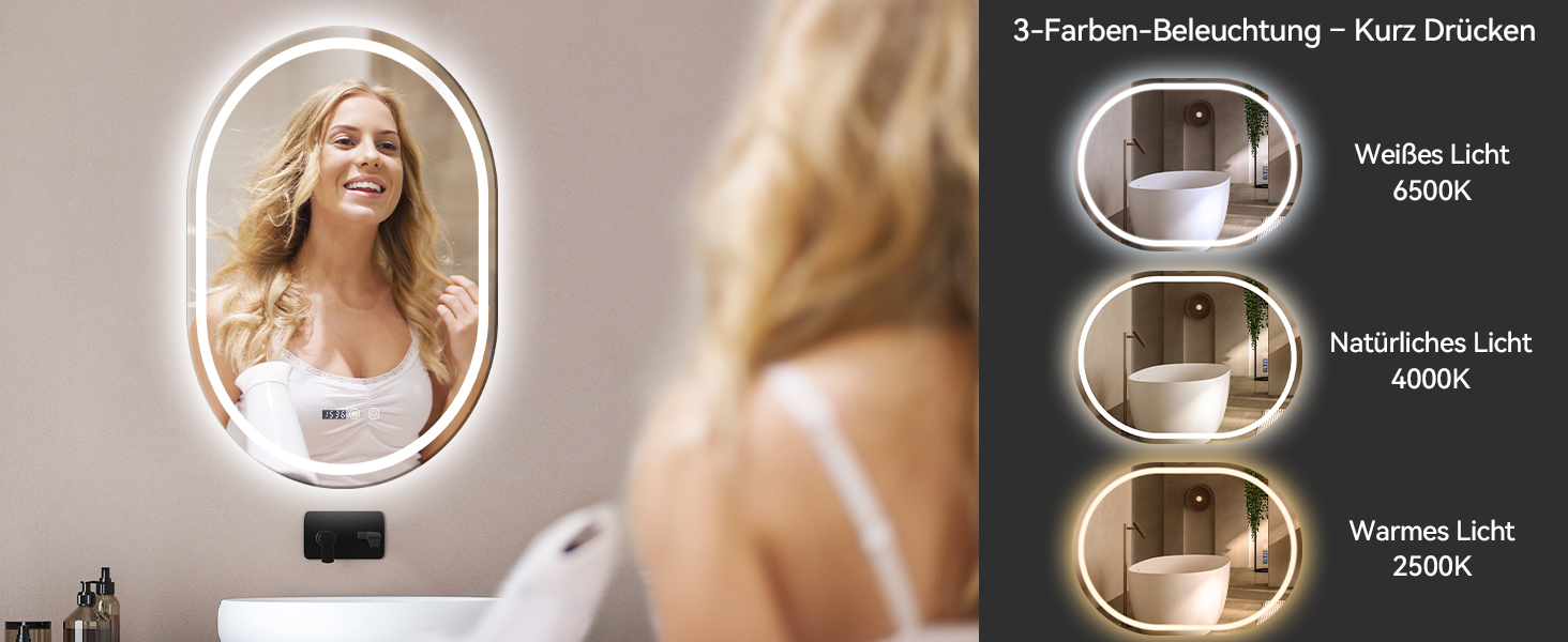 Дзеркало для ванної кімнати YOURLITE з підсвічуванням, кругле, 60 см, LED, 3 кольори, диммування, сенсорне управління, антизапар, пам'ять, IP44, овальне