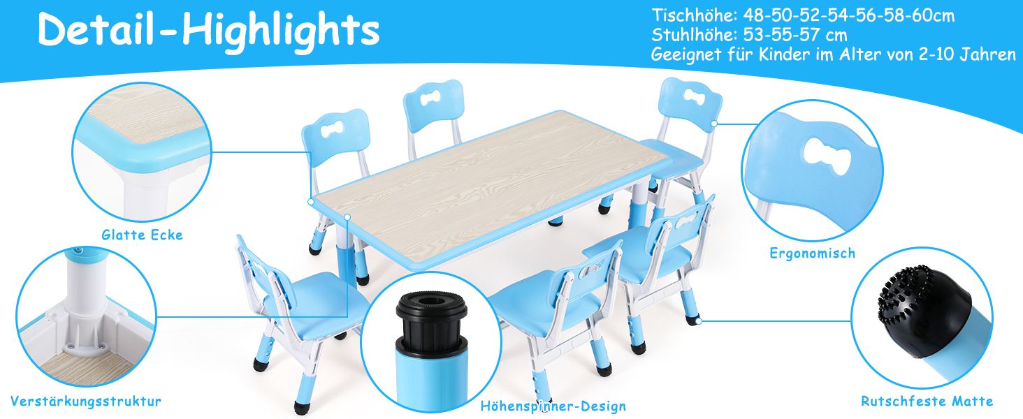 Дитячий стіл MAMIZO з 4 стільцями, регульована висота, набір для дитячої кімнати/садочка, пластикові меблі, сидіння для хлопчиків та дівчаток від 2 років (60 x 60 x 120 см, блакитний)