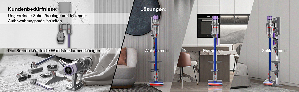 Стійка для бездротового пилососа Dyson з гачками для зберігання, сталь, сірий колір - настінний монтаж без свердління