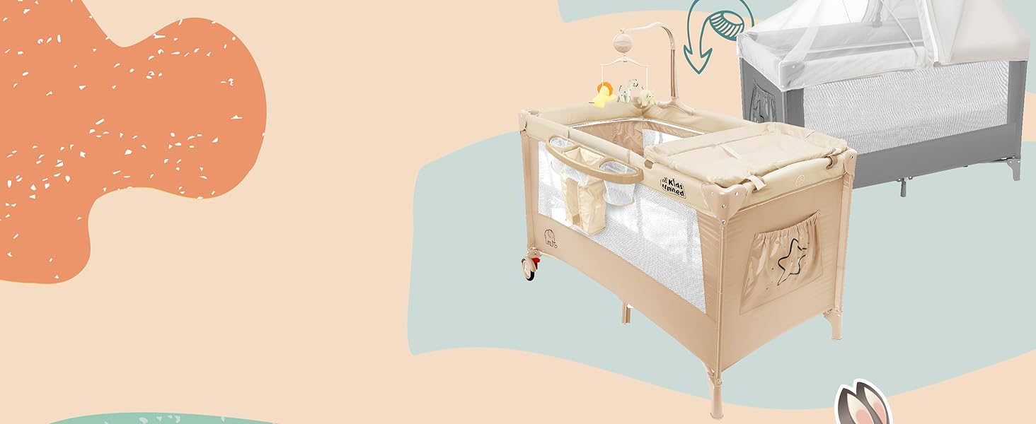 Дитяче ліжко-манеж All Kids United® для подорожей з матрацом, пеленальним столиком, музичним провідником та мобілем (сірий)