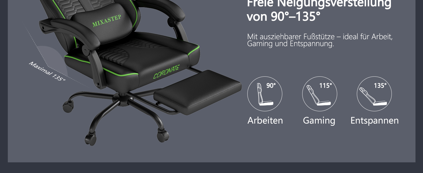 Ергономічне геймерське крісло з підніжкою, Racing-модель, регульована підголовник та поперекова підтримка, для дому та геймінгу, білий (зелений)