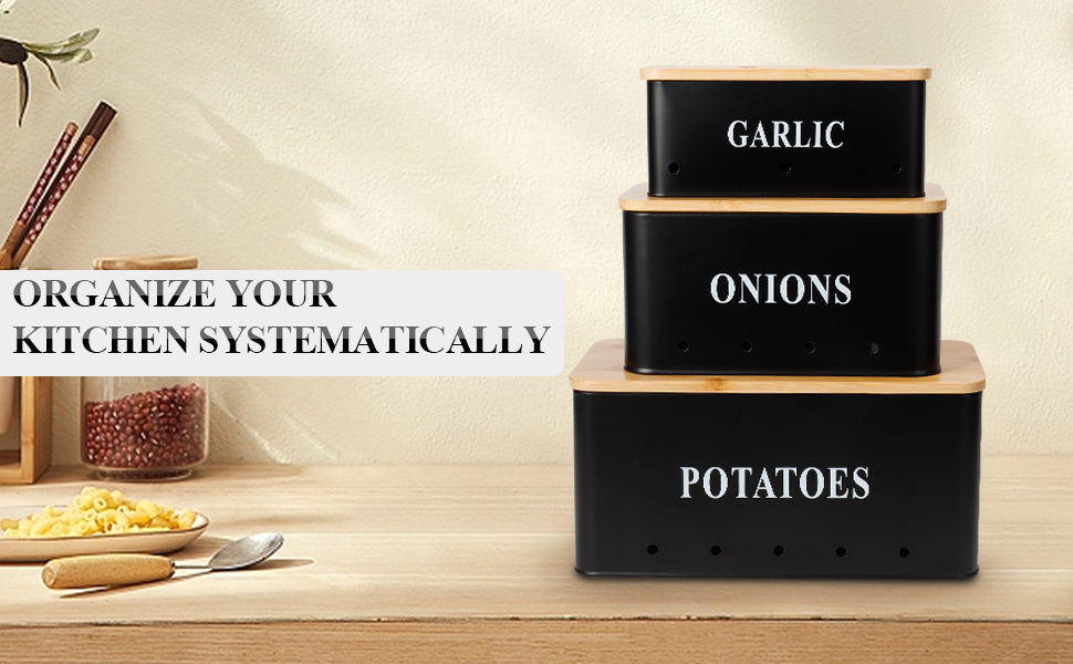 Набір контейнерів для зберігання картоплі, цибулі та часнику [3 шт] з бамбуковим кришками | З вентиляцією та захистом від світла | Чорний