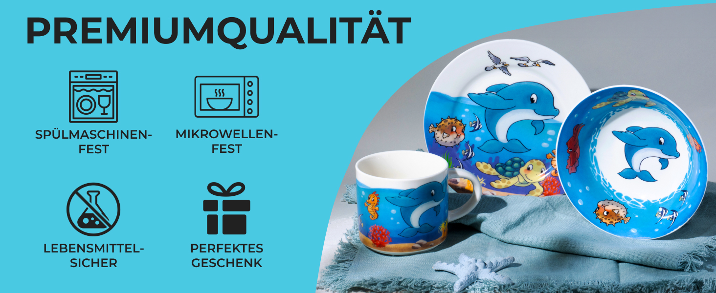MIAMIO Набір дитячого посуду 3 шт. з порцеляни (Тарілка, Миска, Чашка) - Океан