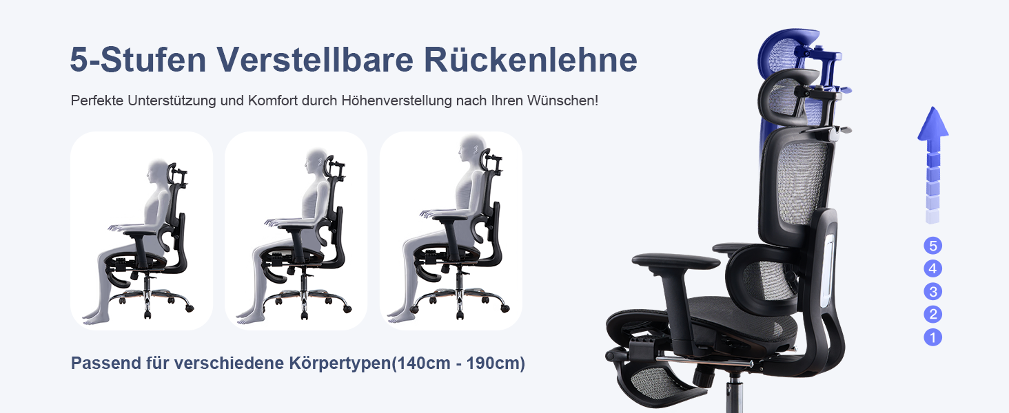 Ергономічне крісло для офісу з підніжкою та подушкою для шиї, 5-рівневе регулювання спинки, 2D підтримка попереку, 3D підлокітники/підголівник, функція нахилу 145°, сітчасте сидіння, гумові колеса (Чорний, Lite)