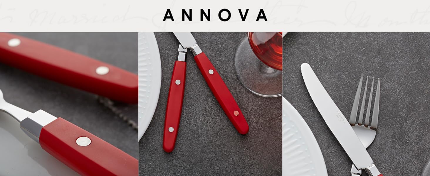 Набір столових приборів ANNOVA Retro Rivet (20 предметів) з нержавіючої сталі, червоний: ножі, вилки, ложки, виделки для салату, десертні ложки