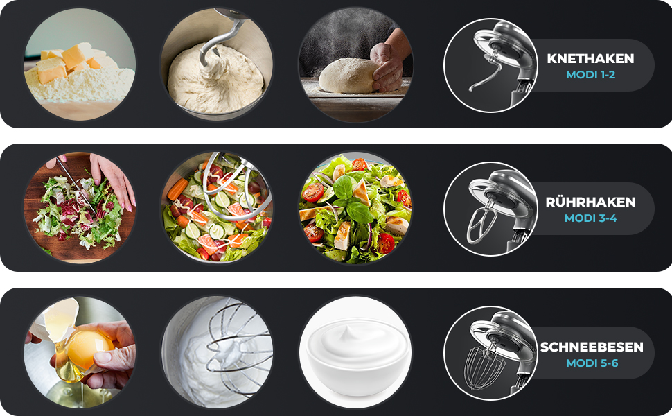 Кухонна машина 2000W з нержавіючої сталі, чаша 6.2 л, міксер з набором насадок (крюк, гак, вінчик, сплеск), колір антрацит