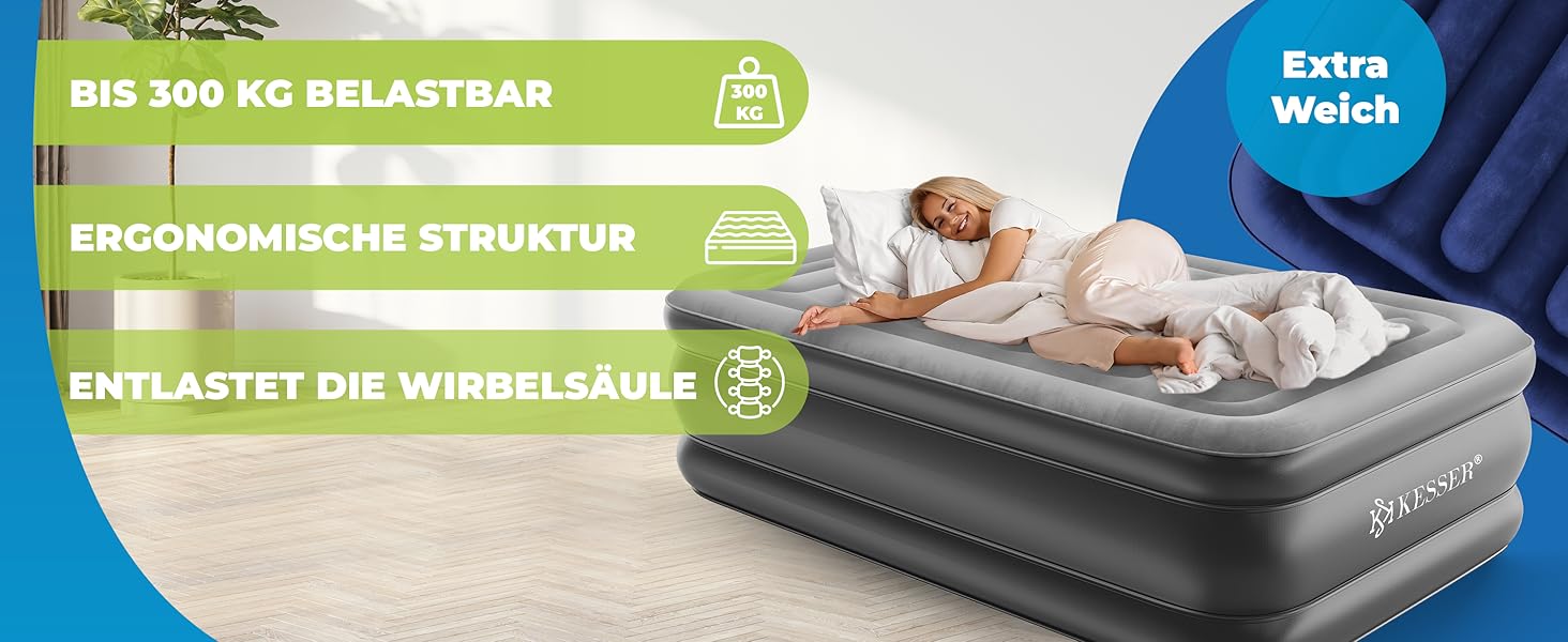 Надувна матрац KESSER® з електричним насосом, 203x152.5x51 см, для дому та кемпінгу, сірий/антрацит