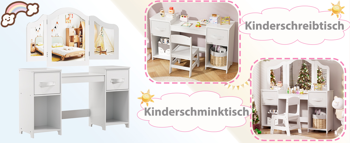 Дитячий туалетний столик MAMIZO 2 в 1 з дзеркалом та пуфом, рожево-білий, 108x30x114 см