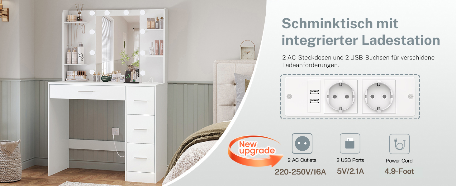 Трюмо TEENFON з дзеркалом та підсвічуванням, біле. 4 шухляди, 4 відкриті полиці, 5 гачків для прикрас.