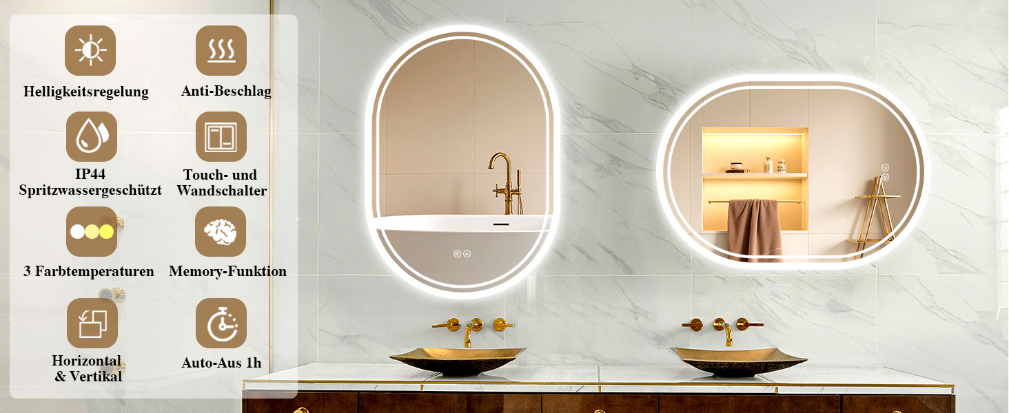 LED дзеркало для ванної кімнати Badspiegel з підсвічуванням, антизапар, сенсорне керування, регулювання яскравості, 3 кольори світла, овальне, 50x70 см