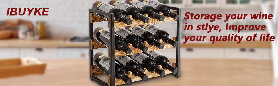 Стеллаж для вина IBUYKE: 3 яруси, 12 пляшок, металевий каркас, дерево, для кухні, бару, вітальні