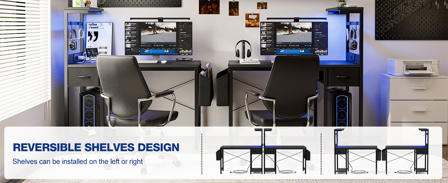 Ігровий стіл Grandder 120 см з розеткою та LED-підсвічуванням, комп'ютерний стіл з регульованими полицями та шухлядою, білий (100 x 50 см, карбоновий дизайн)