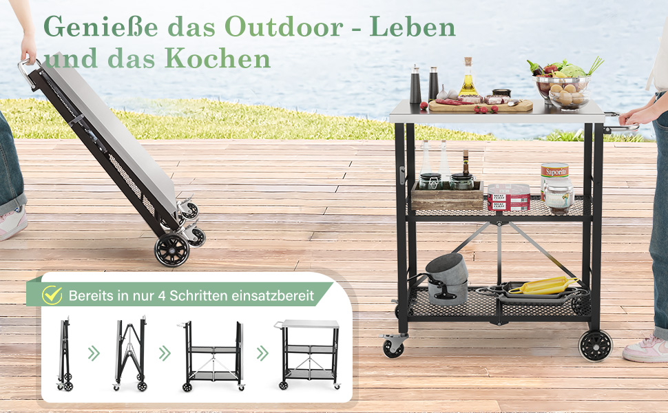 Гриль-візок LUE BONA: складаний, з 2 полицями, з нержавіючої сталі, чорний. Для дачі, кемпінгу, відпочинку на природі.