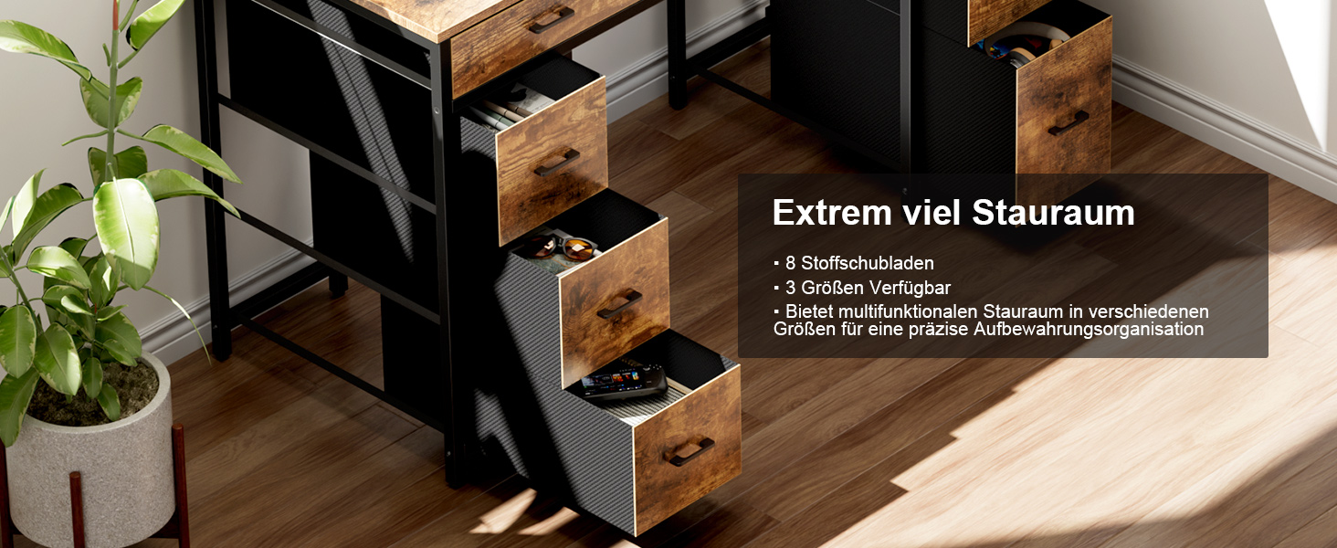 Комп'ютерний стіл з 8 висувними ящиками, 2 розетками, USB-портами, LED-підсвічуванням та підставкою для монітора, 120 x 50 x 74 см, Колір: Коричневий