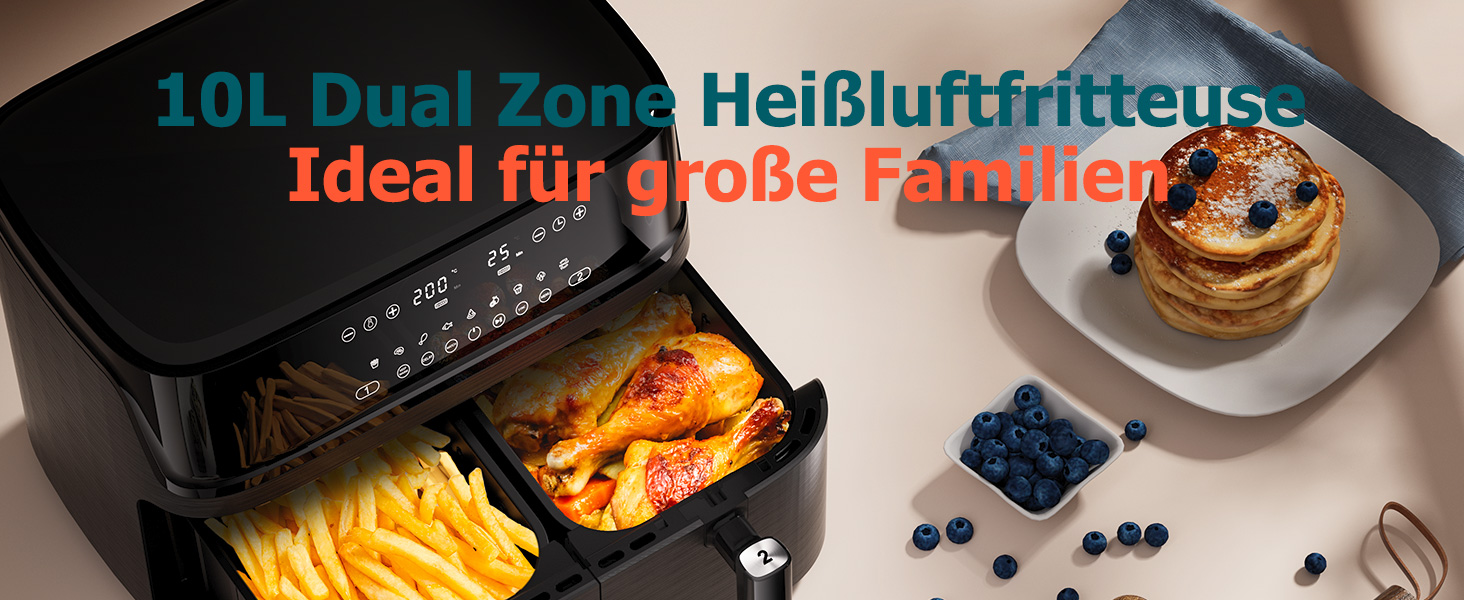 Фритюрниця повітряна 10л, 2 камери, 10-в-1, з цифровим керуванням, таймер, 40 рецептів, для 6-10 осіб