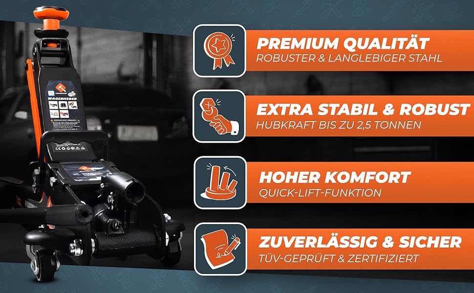 Гідравлічний домкрат HAMMERHART 3T з низьким профілем, 75-505мм, колеса 360°, подвійний поршень, гумові накладки, T-ручка - перевірена якість TÜV