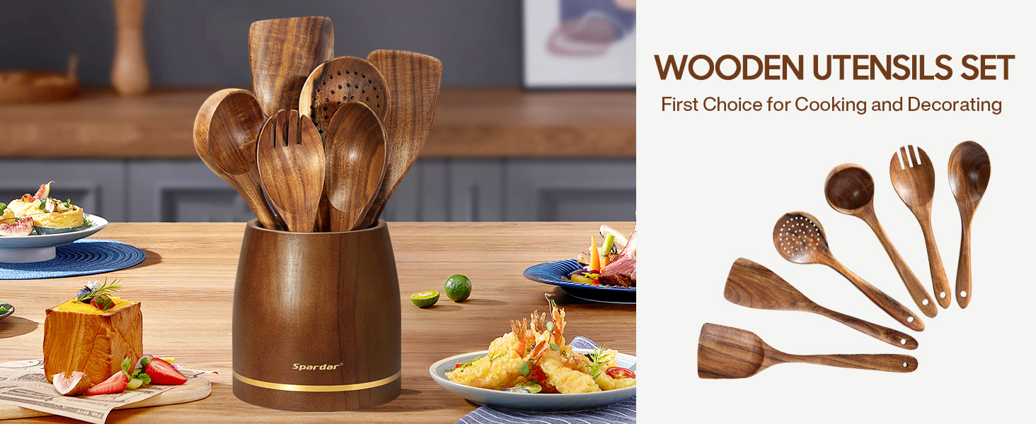 Набір кухонного приладдя Spardar з дерева, 12 шт: ложки, шумовки, підставка, рукавиці. Ідеально для декору та як подарунок