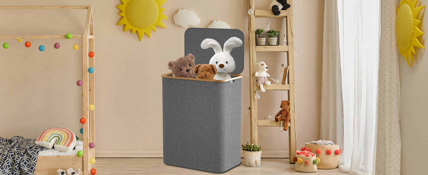 Кошик для білизни з кришкою, вузький, з бамбуковими ручками та внутрішньою кишенею, складаний, портативний, 148л, темно-сірий