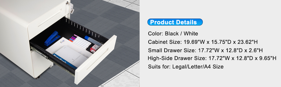 Роликовий контейнер DeHong з металу, мобільний офісний шафчик з 3 висувними ящиками, офісний контейнер, з можливістю замка та регульованих папок, збірно-розбірний, для офісу, дому, чорний