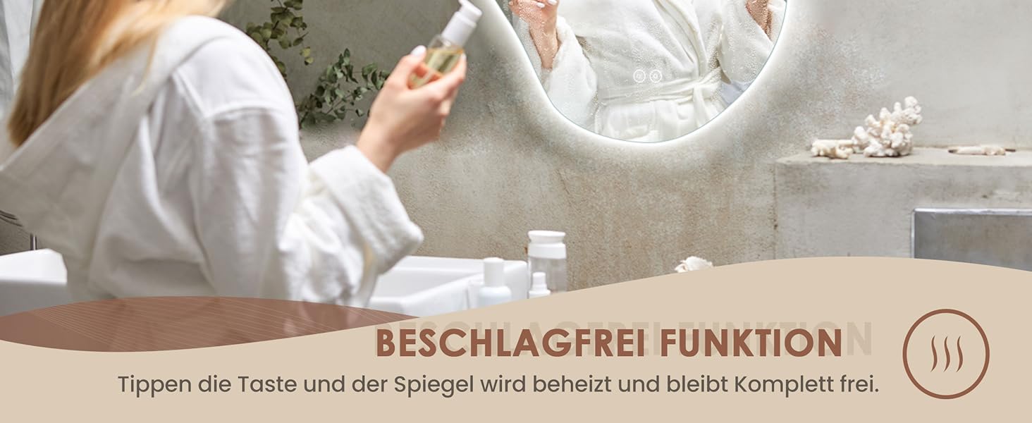 Дзеркало для ванної кімнати Dripex LED з підсвічуванням, сенсорне керування, регулювання яскравості, 3 кольори світла, без запотівання, асиметричне, 85x52 см