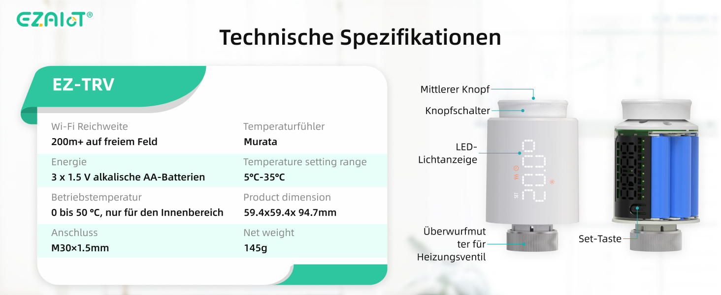 Розумний термостат на радіатор Wi-Fi Tuya EZ-TRV702W з програмуванням, датчиком температури та керуванням через додаток