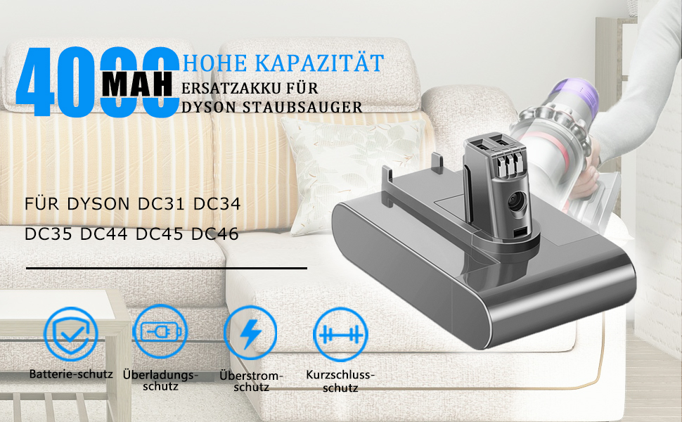 Змінна батарея 4000 мАг для ручного пилососа Dyson DC31/DC34 типу A 22,2 В Li-ion 917083-01