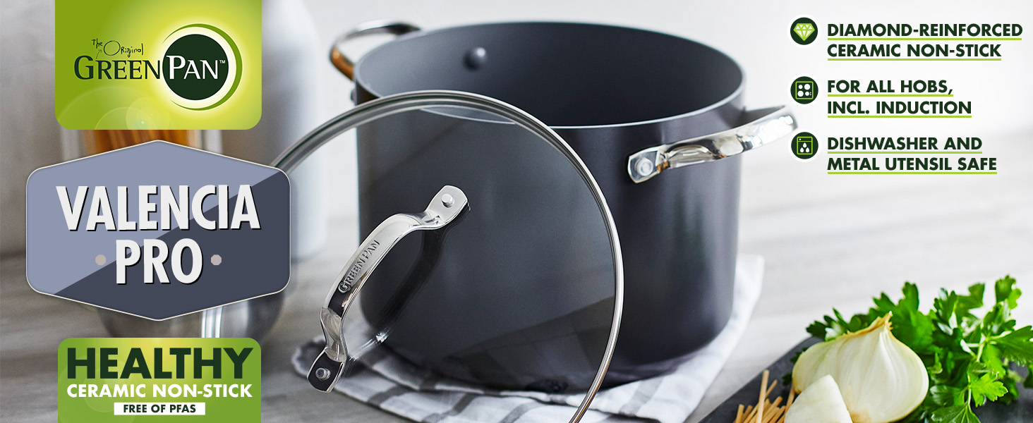GreenPan Valencia Pro сковорода з нержавіючої сталі з антипригарним покриттям Hartelox, 28 см, 4,2 л, з кришкою, без PFAS, для індукційних плит, можна мити в посудомийній машині, можна використовувати в духовці, сірий колір (24 см/7,6 л каструля)