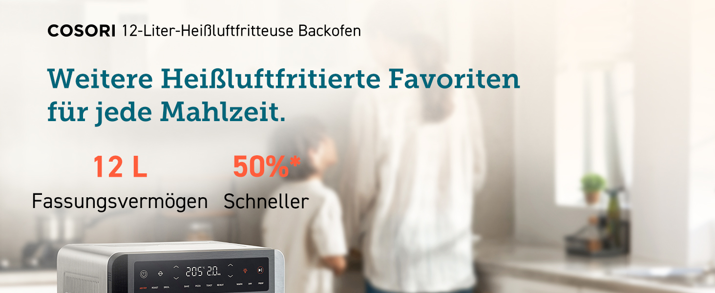 Фритюрниця повітряна COSORI 12L з 11 функціями, сушка, ферментація, подвійне нагрівання, вікно огляду, Airfryer XXL, міні-піч, рецепти, 7 аксесуарів, 220°C, срільно-чорний колір