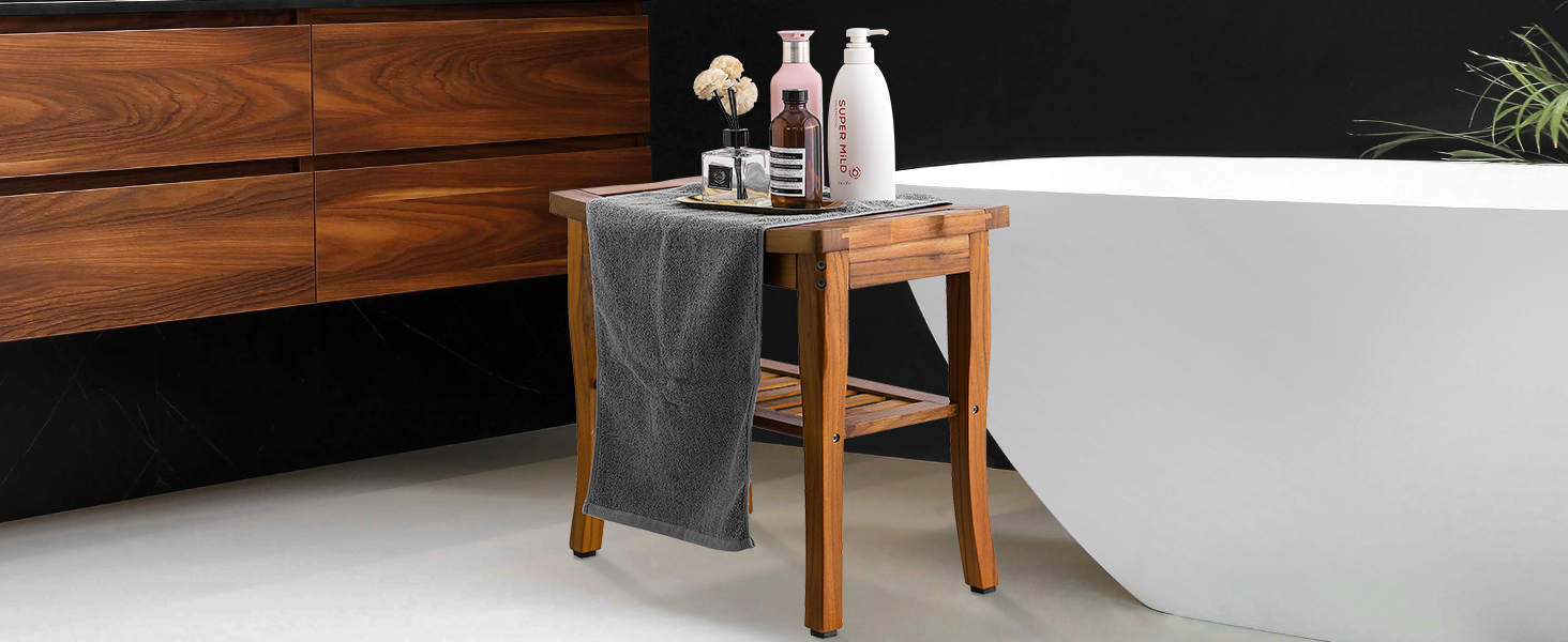 Дерев'яний душовий стілець VaeFae з текового дерева - стійкий, легкий, з полицею, для ванної кімнати