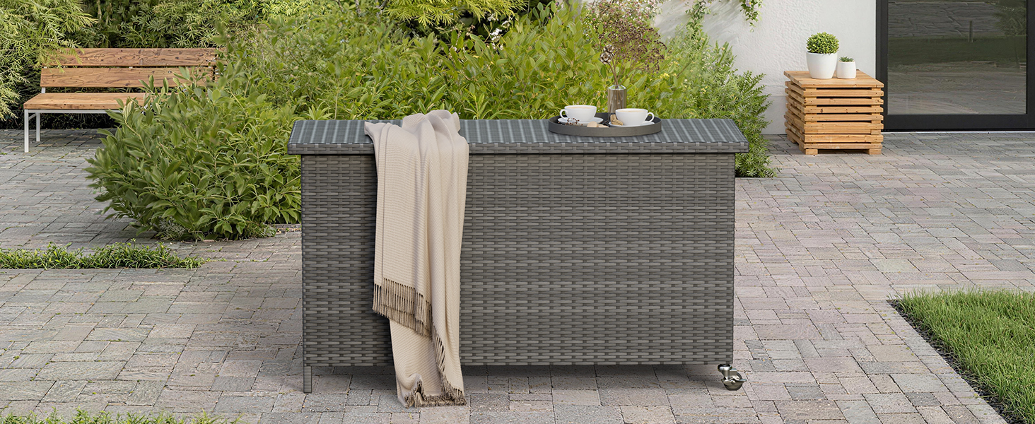 Водонепроникний садовий ящик Amopatio Gartenbox 480л з поліротангу, металевий ящик для подушок на колесах з газліфтом для саду та балкону, сірий