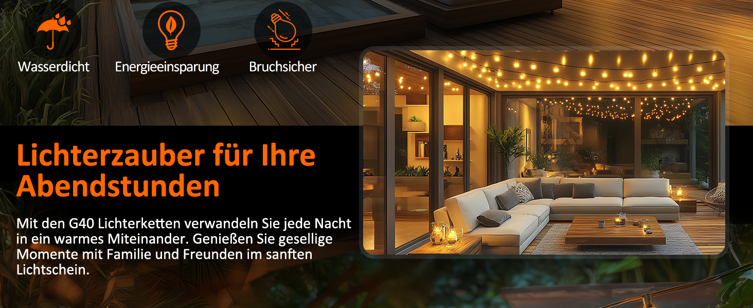 Ланцюжок прикрас для зовнішнього використання з таймером, 15 м LED-ланцюжок живлення на вулиці з 25+2 G40 лампочками, 4 режими та регульована яскравість. Водостійкий гірлянда для саду, балкону, тераси, вечірки, весілля (тепле біле світло)