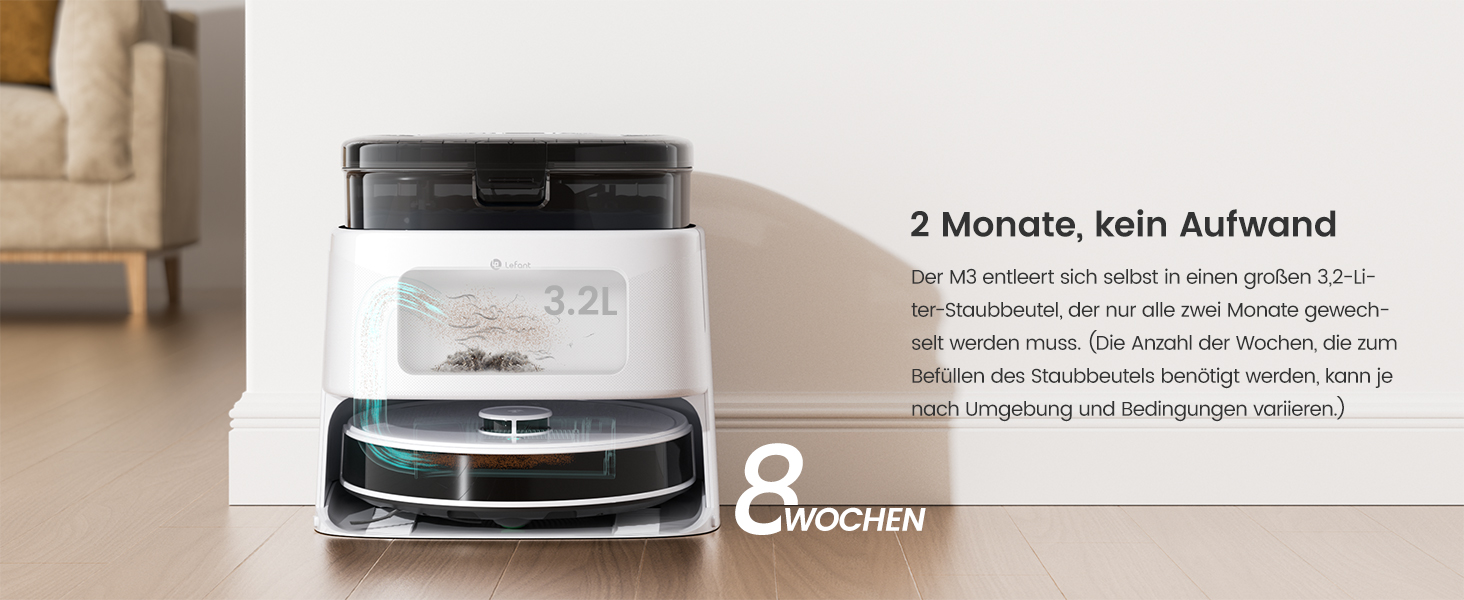 Робот-пилосос LEFANT M3 Gen2 з функцією миття, 12000Pa, автоматичне очищення, LiDAR, розпізнавання килима, керування через додаток Freemove 3.0 та голосове керування, 8 тижнів бездротової роботи